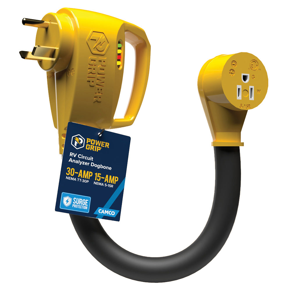 Camco 55461 Camco Power Grip RV 12" 30Amp Circuit Analyzer Dogbone - Integrated Surge Protection