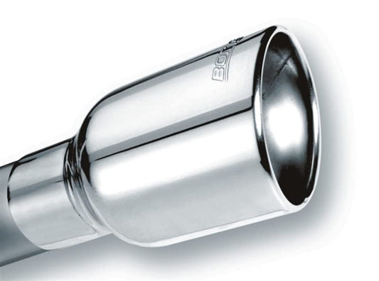 BORLA 20156 BORLA 20156 Exhaust Tip 2.5" Inlet - 4" Single Round Rolled-Edge Angle-Cut Lined Outlet - 6.25" Long Exhaust Tip Embossed with BORLA Logo. Clamp On Mounting Method. Clamp Included.