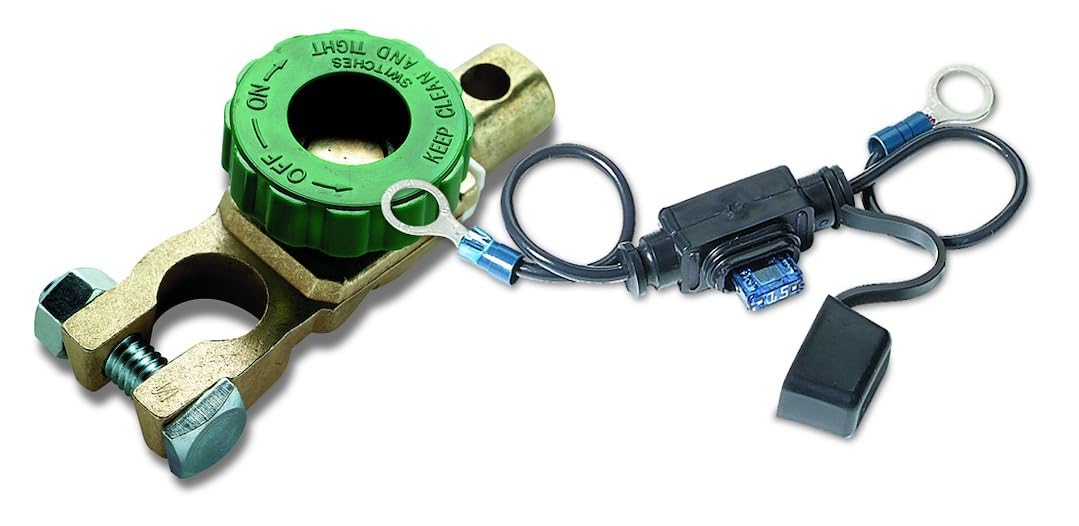 WIRTHCO 20309 Battery Doctor Top Mount Compact Battery Disconnect Switch with 15A Fused Bypass, 500 Surge / 125 Continuous at 12 Volts, Negative Top Post, Green Knob (20309)
