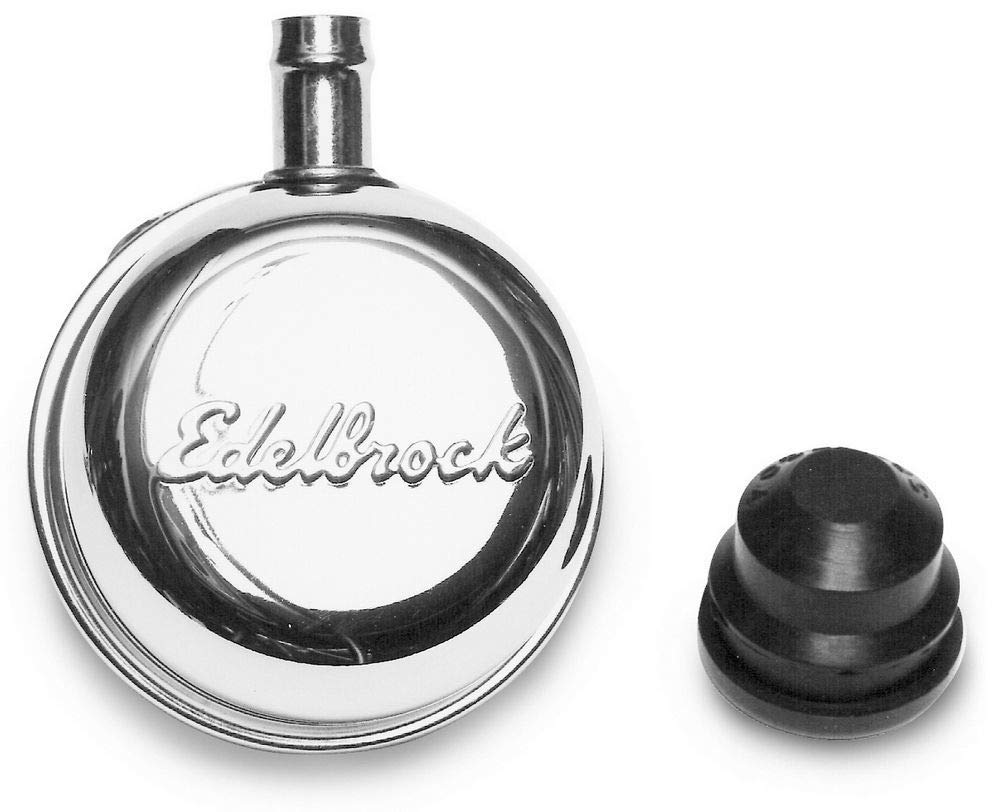 EDELBROCK 4410 Edelbrock Breather, Signature Series, Push-In, Round, 1-1/4 in Hole, 3/8 in Hose Barb Fitting, Edelbrock Logo, Steel, Chrome, Each