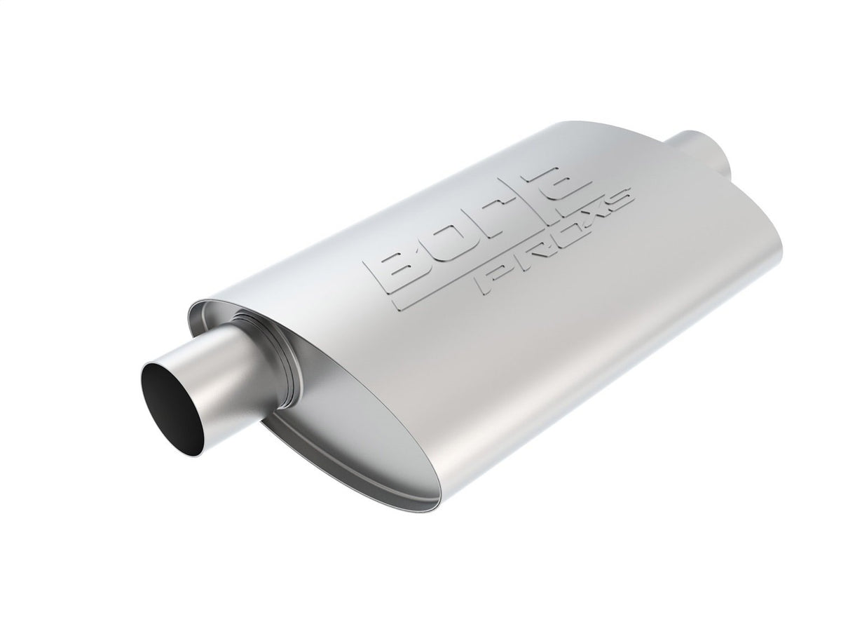 BORLA 40358 BORLA 40358 ProXS Universal Performance Muffler 2.5" Offset Inlet / 2.5" Center Outlet 4" x 9.5" Oval x 14" Long body 19" Overall Length Un-Notched Necks Reversible Design T-304 Stainless Steel