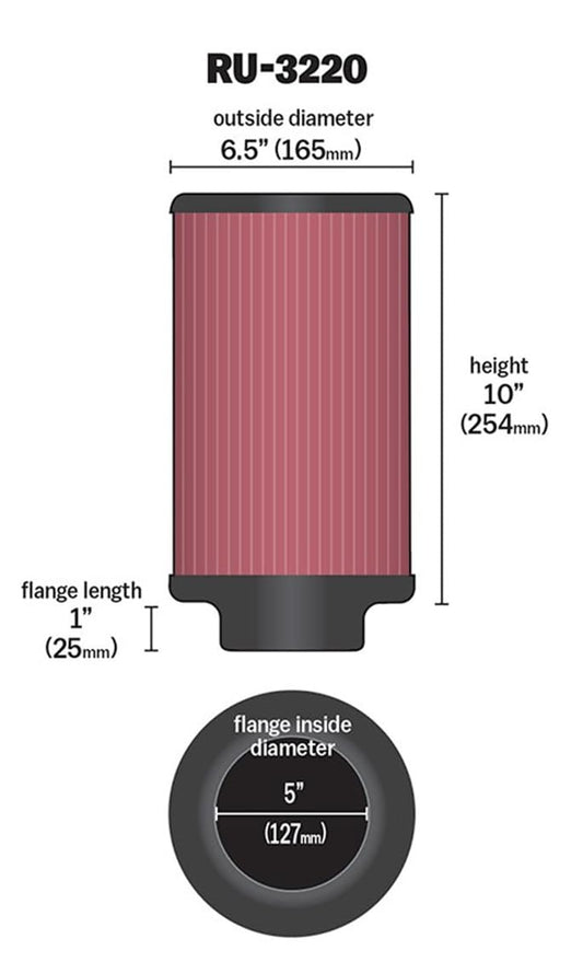 K&N FILTER RU-3220 K&N High-Flow Original Lifetime Universal Clamp-On Air Filter: High Performance, Premium, Washable: Flange Diameter: 5 In, Filter Height: 10 In, Flange Length: 1 In, Shape: Round, RU-3220