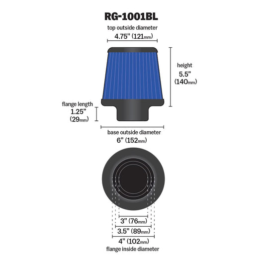K&N FILTER RG-1001BL K&N High-Flow Original Lifetime Universal Clamp-On Air Filter: Performance, Premium, Washable: Flange Diameter: 4 In, Filter Height: 5.5 In, Flange Length: 1.125 In, Shape: Round Tapered, RG-1001BL