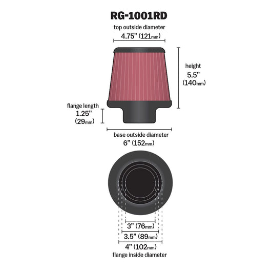 K&N FILTER RG-1001RD K&N High-Flow Original Lifetime Universal Clamp-On Air Filter: High Performance, Premium: Flange Diameter: 4 In, Filter Height: 5.5 In, Flange Length: 1.125 In, Shape: Round Tapered, RG-1001RD