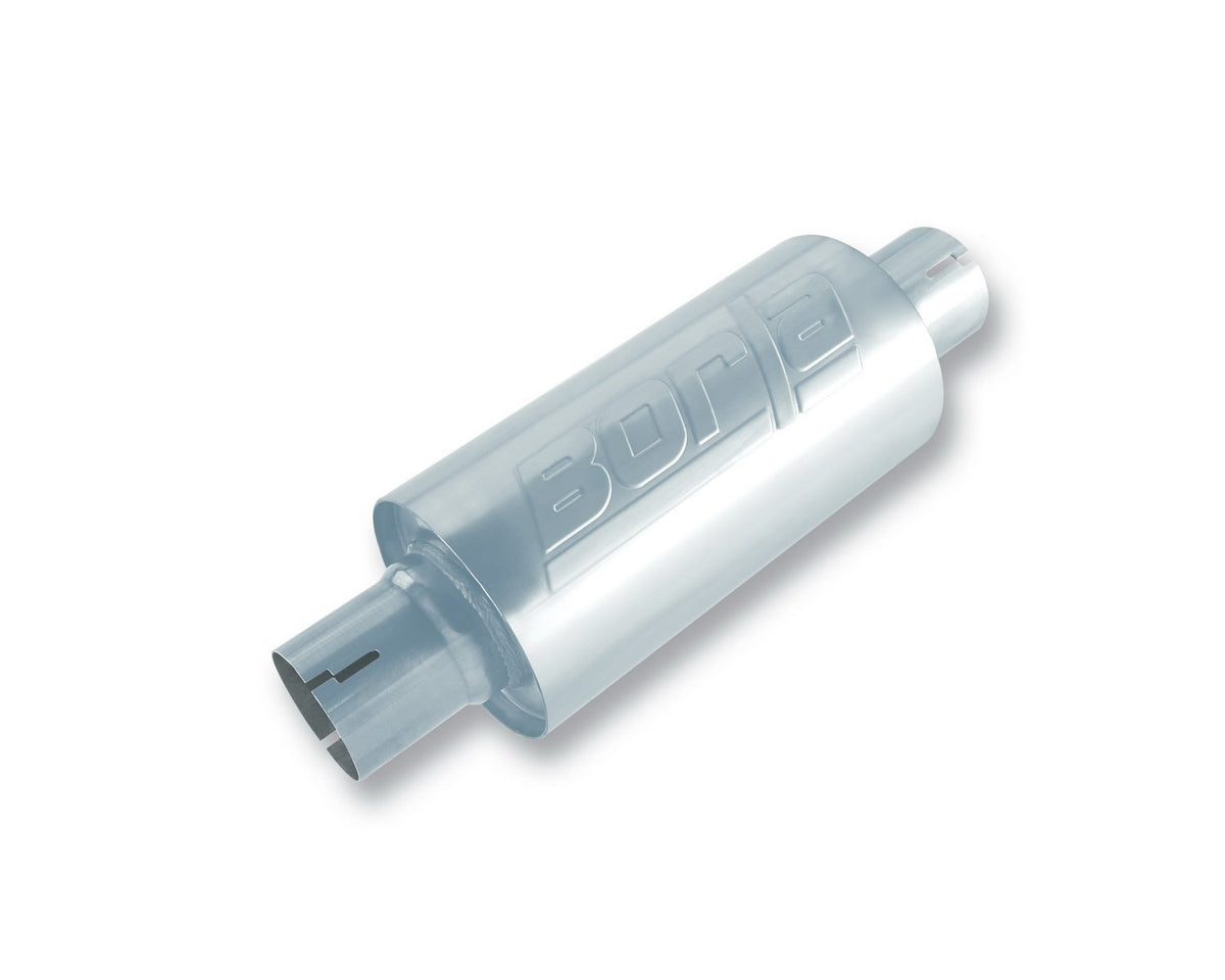 BORLA 40842S BORLA 40842S Specialty Universal Performance Muffler 2.5" Center Inlet / 2.5" Center Outlet 5" Round x 10" Long Body 15" Overall Length Un-Notched Necks Reversible Design T-304 Stainless Steel