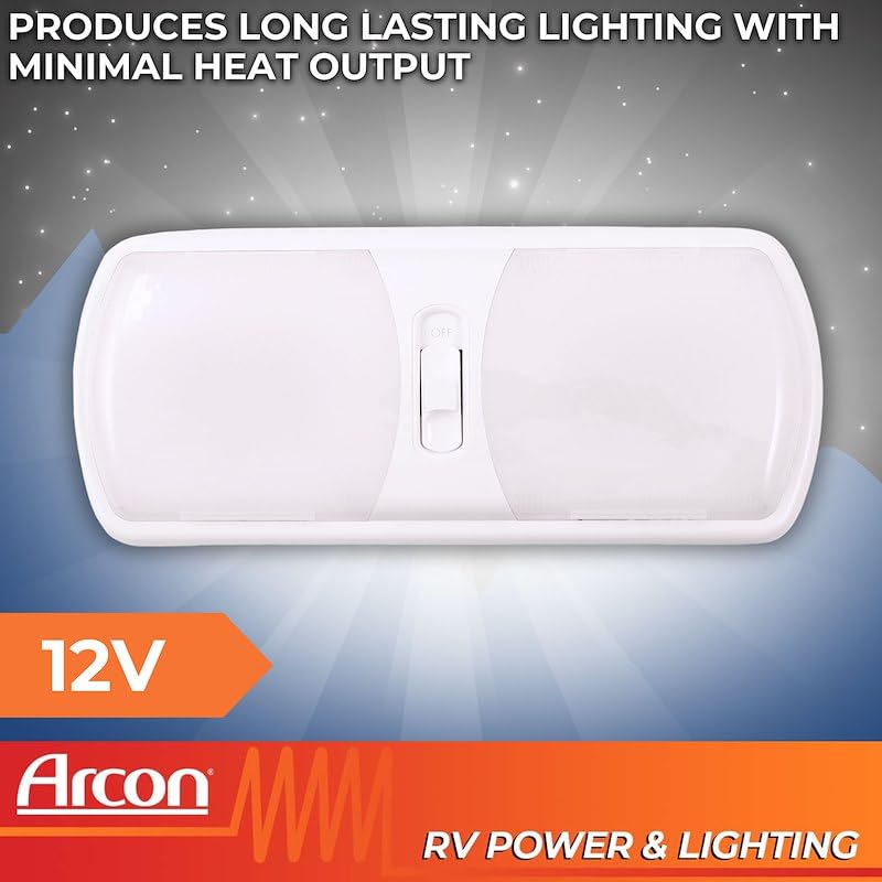 ARCON 20714N Arcon 20714N LED Ceiling Double Light – Euro-Style 12V Soft White Dome Fixture with White Lens, 11.56 x 4.95 Inch, 3-Position Switch, Compact Interior Lighting for RV, Camper, Trailer