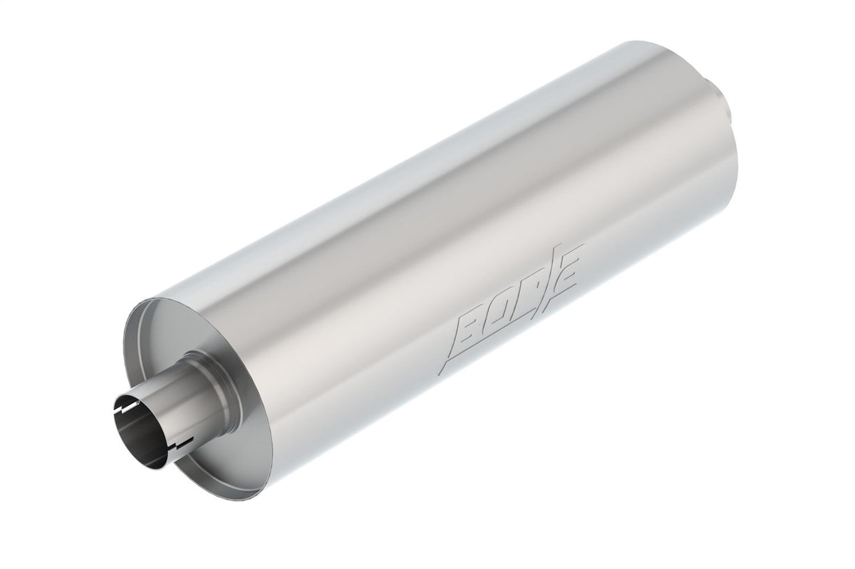 BORLA 401158 BORLA 401158 Specialty Heavy Duty (Truck) Muffler - 2.75" Center Inlet/ 2.75" Center Outlet 7.75" Round x 24" Long Body 29" Overall Length. Universal Part. Reversible Design. Notched Necks.