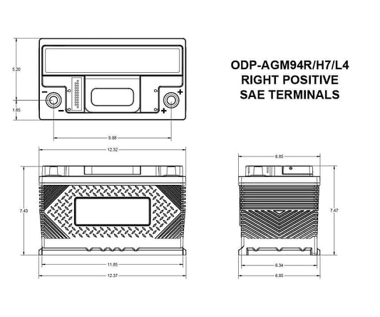 ODYSSEY BATTERY ODP-AGM94RH7L4 Odyssey Battery, Performance Series, AGM, 12V, 850 Cranking amps, Top Post Terminals, 12.36 in L x 7.47 in H x 6.85 in W, Each