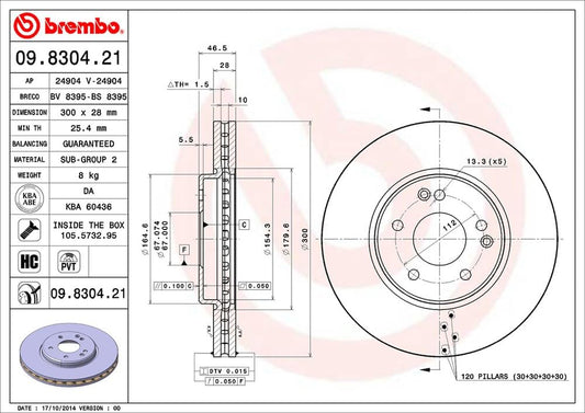 BREMBO 09830421C02 Brembo 09.8304.21 UV Coated Pillar Vented Front Brake Rotor MERCEDES-BENZ OE# A2034210512