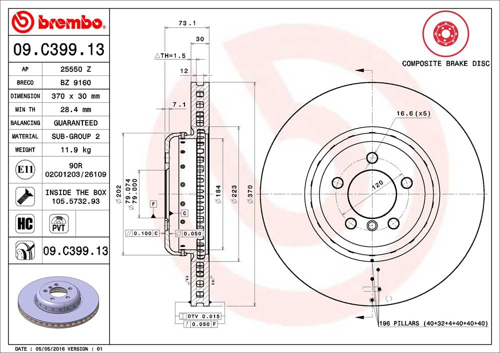 BREMBO 09C39913C02 Brembo 09.C399.13 Composite two piece UV Coated Pillar Vented Front Brake Rotor BMW/BMW (BRILLIANCE) OE# 34106797606