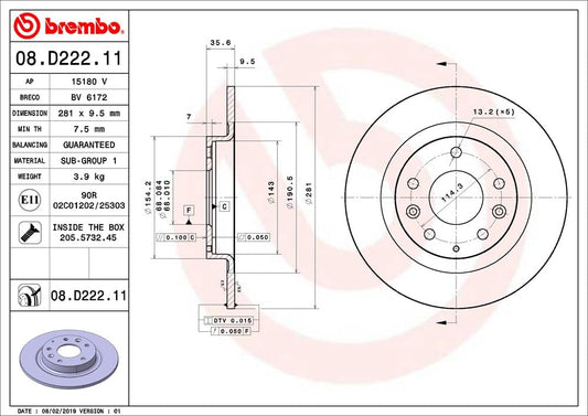 BREMBO 08D22211C02 Brembo 08.D222.11 UV Coated solid Brake Rotor MAZDA OE# D10E26251