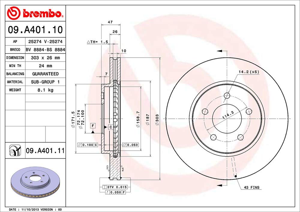 BREMBO 09A40111C02 Brembo 09.A401.11 UV Coated vented Front Brake Rotor FORD/FORD USA/MAZDA OE# EF913325X