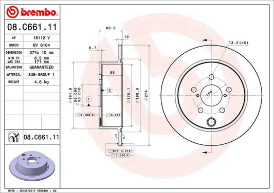 BREMBO 08C66111C02 Brembo 08.C661.11 UV Coated solid Rear Brake Rotor SUBARU OE# 26700FJ000