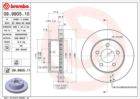 BREMBO 09990511C02 Brembo 09.9905.11 UV Coated Pillar Vented Front Brake Rotor JEEP OE# 5016434AA