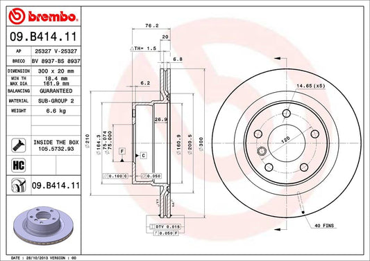 BREMBO 09.B414.11 Brembo 09.B414.11 UV Coated vented Rear Brake Rotor BMW OE# 34216855005