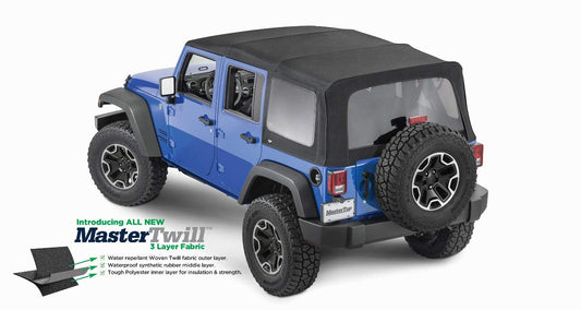 MASTERTOP 15601424 MasterTop Full Hardware Soft Top in Black Diamond Sail Cloth Fits or is compatible with 2007-2018 Jeep JK Wrangler 4 Dr Includes all bows, Dr surrounds and Tinted Glass 15601424