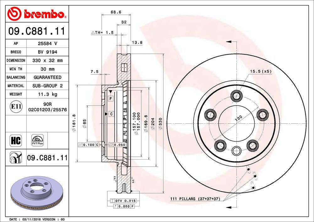 Brembo 09.C881.11 UV Coated Pillar Vented Front Brake Rotor