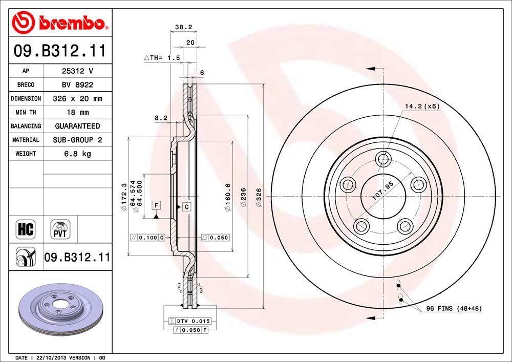BREMBO 09B31211C02 Brembo 09.B312.11 UV Coated Pillar Vented Rear Brake Rotor DAIMLER/JAGUAR OE# C2C25339