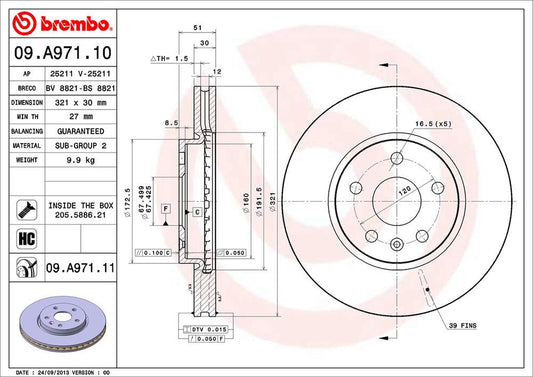 BREMBO 09A97111C02 Brembo 09.A971.11 UV Coated vented Front Brake Rotor BUICK (SGM)/CHEVROLET/CHEVROLET (SGM)/OPEL/ROEWE (SAIC)/SAAB/VAUXHALL OE# 569422