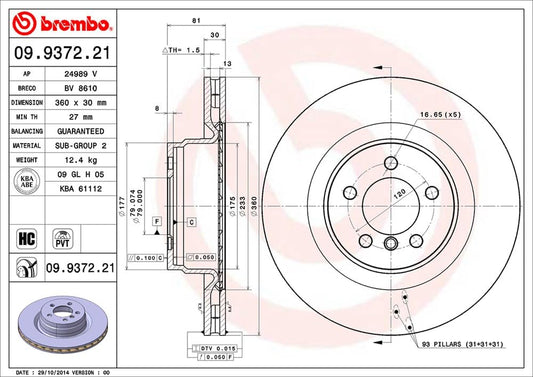 BREMBO 09.9372.21 Brembo 09.9372.21 UV Coated Pillar Vented Front Brake Rotor LAND ROVER OE# LR031843
