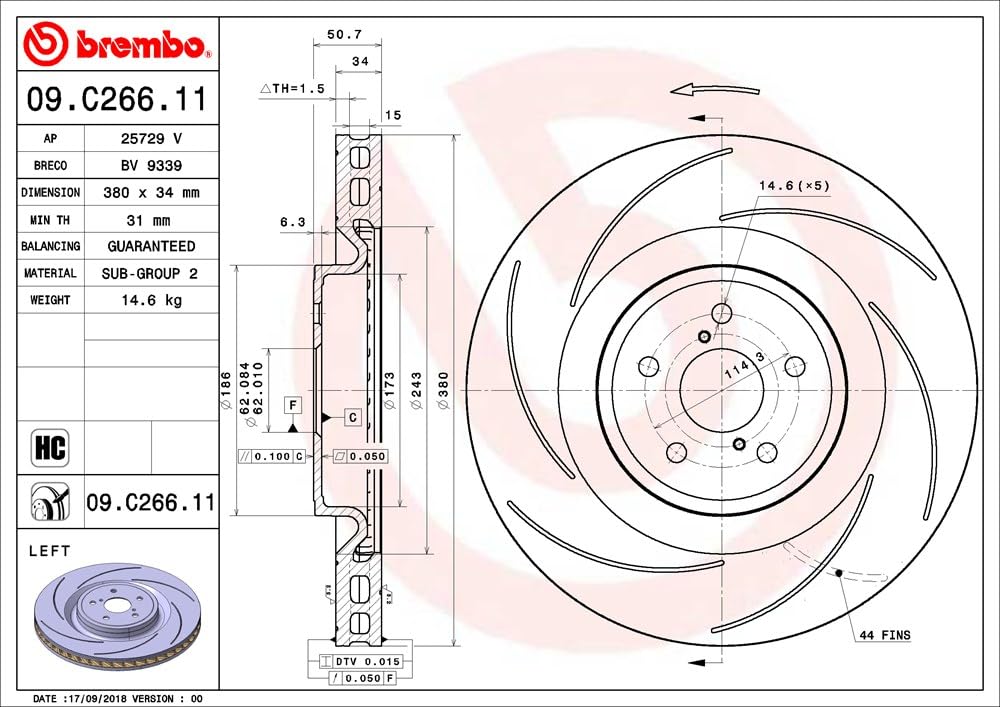 BREMBO 09C26611C02 Brembo 09.C266.11 UV Coated vented Slotted Brake Rotor LEXUS OE# 435160W020
