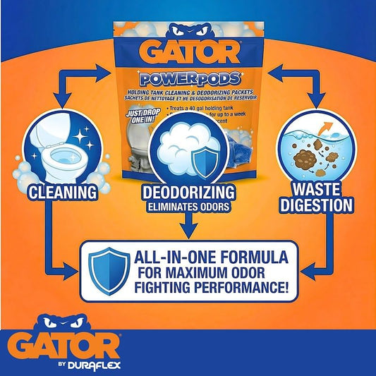 DURAFLEX 21888 Duraflex Gator PowerPods 21888 Waste Holding Tank Treatment, Without Formaldehyde; Fresh Baby Powder Scent, 1 Packet Treats Up To 40 Gallon Holding Tank, 1 Ounce Packet, Pack Of 4 Treatments