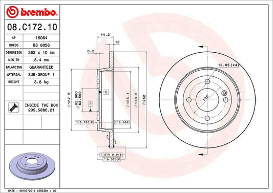 BREMBO 08C17210C02 Brembo 08.C172.10 Standard solid Rear Brake Rotor HYUNDAI/HYUNDAI (BEIJING)/KIA/KIA (DYK) OE# 584110U300