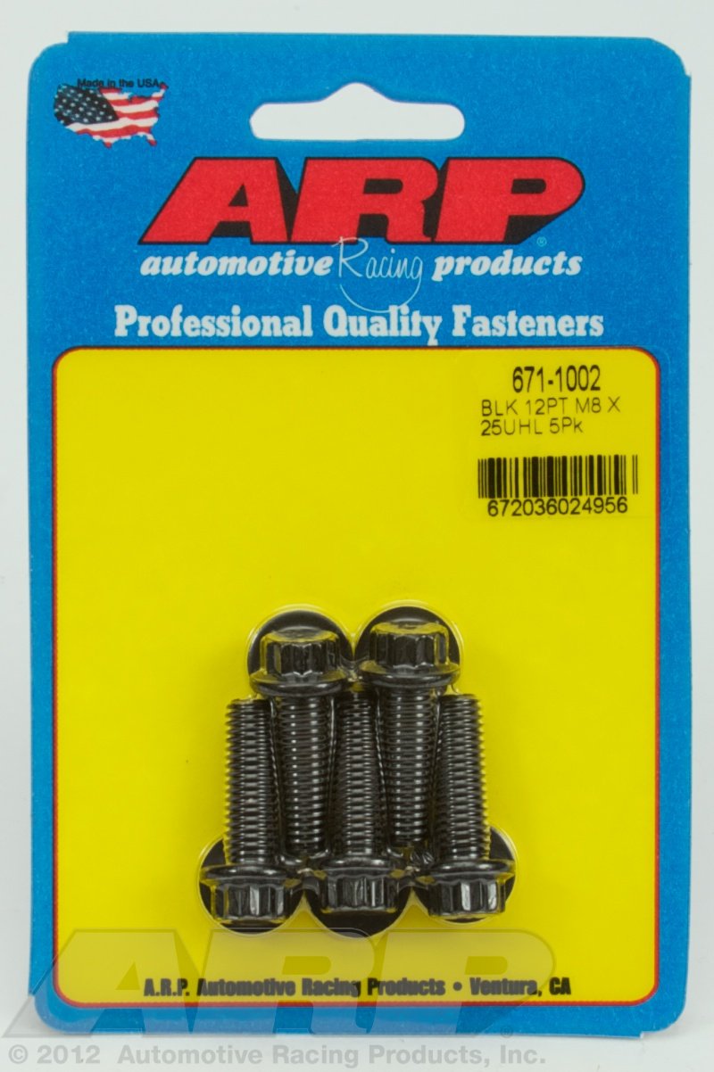 ARP 671-1002 ARP Bolt, 8 mm x 1.25 Thread, 25 mm Long, 10 mm 12 Point Head, Chromoly, Black Oxide, Universal, Set of 5