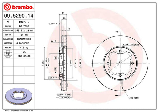 BREMBO 09529014C02 Brembo 09.5290.14 Standard vented Front Brake Rotor ACURA/HONDA OE# 45251SM4020