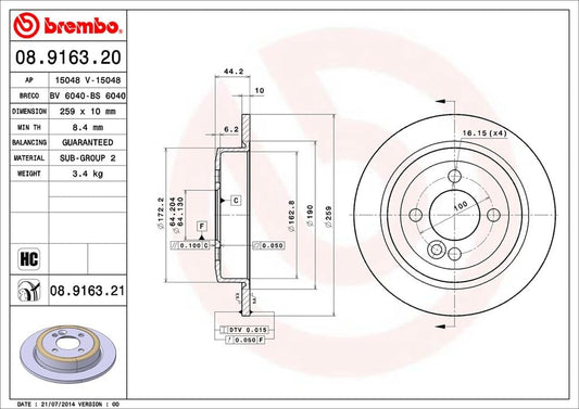 BREMBO 08916321C02 Brembo 08.9163.21 UV Coated solid Rear Brake Rotor MINI OE# 34216774987