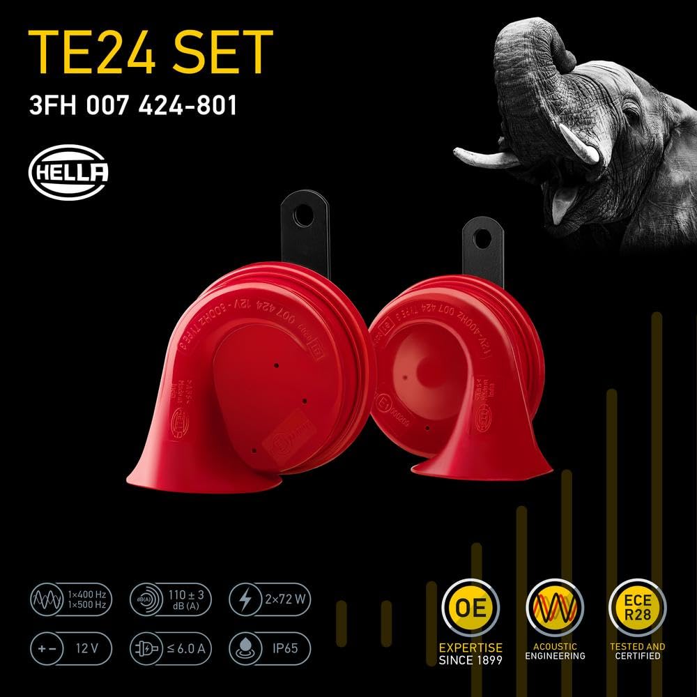 HELLA 007424801 HELLA 007424801 Twin Trumpet High/Low Tone 12V Horn Kit with Bracket, Red