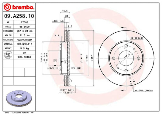 BREMBO 09.A258.10 Brembo 09.A258.10 Standard vented Front Brake Rotor HYUNDAI OE# 5171238100