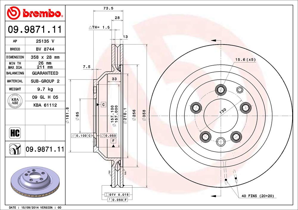 BREMBO 09987111C02 Brembo 09.9871.11 UV Coated vented Rear Brake Rotor AUDI/PORSCHE/VW OE# 7L8615601D