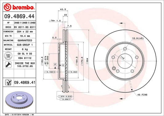 BREMBO 09486941C02 Brembo 09.4869.41 UV Coated vented Front Brake Rotor MERCEDES-BENZ OE# A2024210912