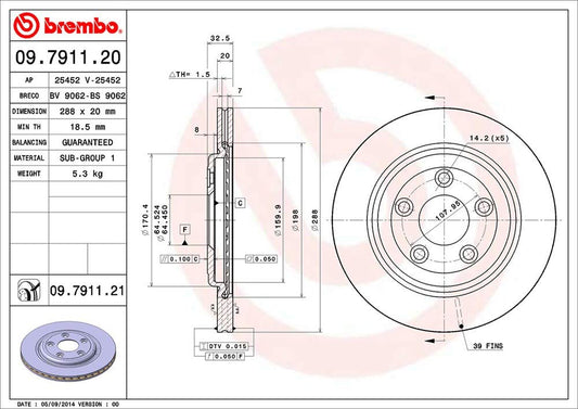 BREMBO 09791121C02 Brembo 09.7911.21 UV Coated vented Rear Brake Rotor DAIMLER/JAGUAR OE# XR858224