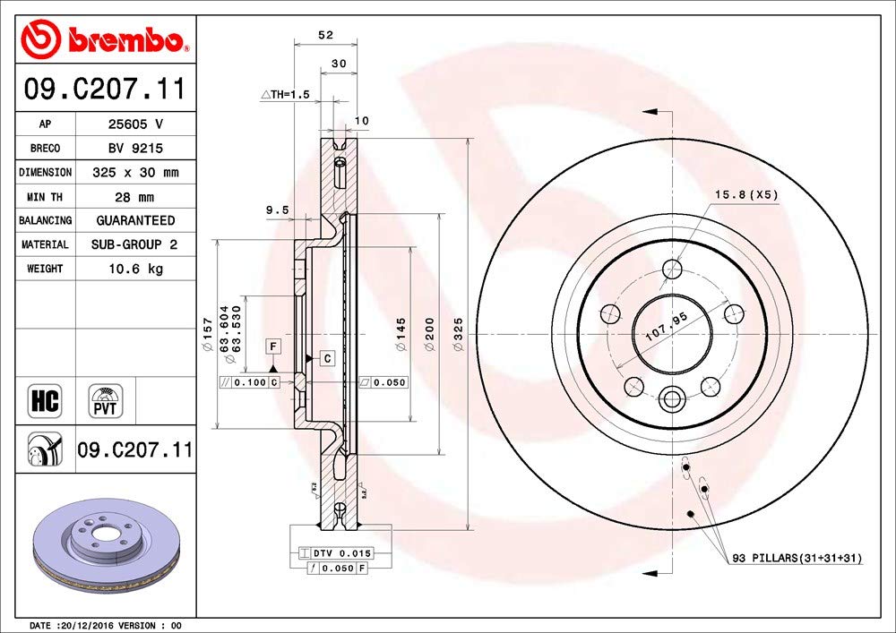 BREMBO 09C20711C02 Brembo 09.C207.11 UV Coated Pillar Vented Front Brake Rotor LAND ROVER/LAND ROVER (CHERY) OE# LR059122