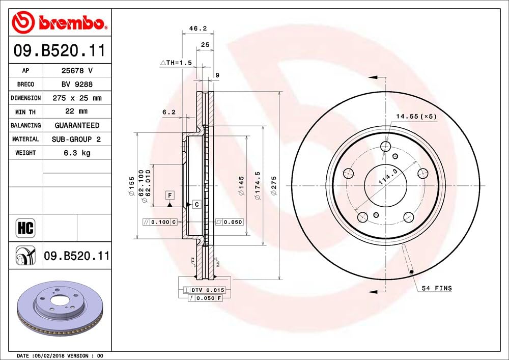 BREMBO 09B52011C02 Brembo 09.B520.11 UV Coated vented Front Brake Rotor LEXUS/TOYOTA OE# 4351242040