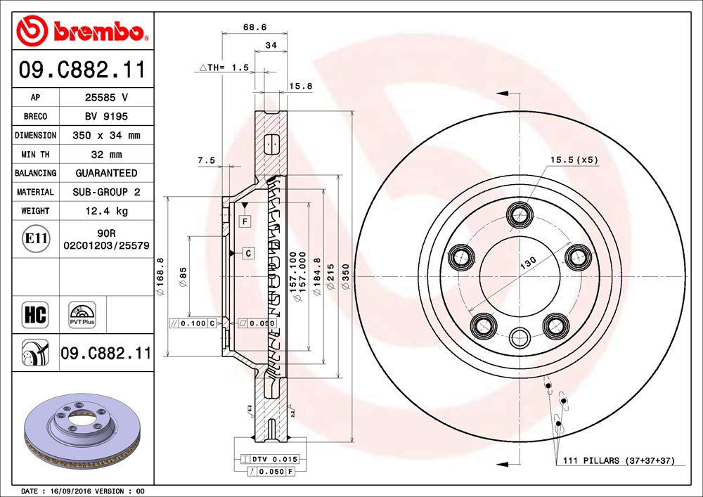 BREMBO 09C88211C02 Brembo 09.C882.11 UV Coated Pillar Vented Front Brake Rotor AUDI/PORSCHE/VW OE# 7L6615301K