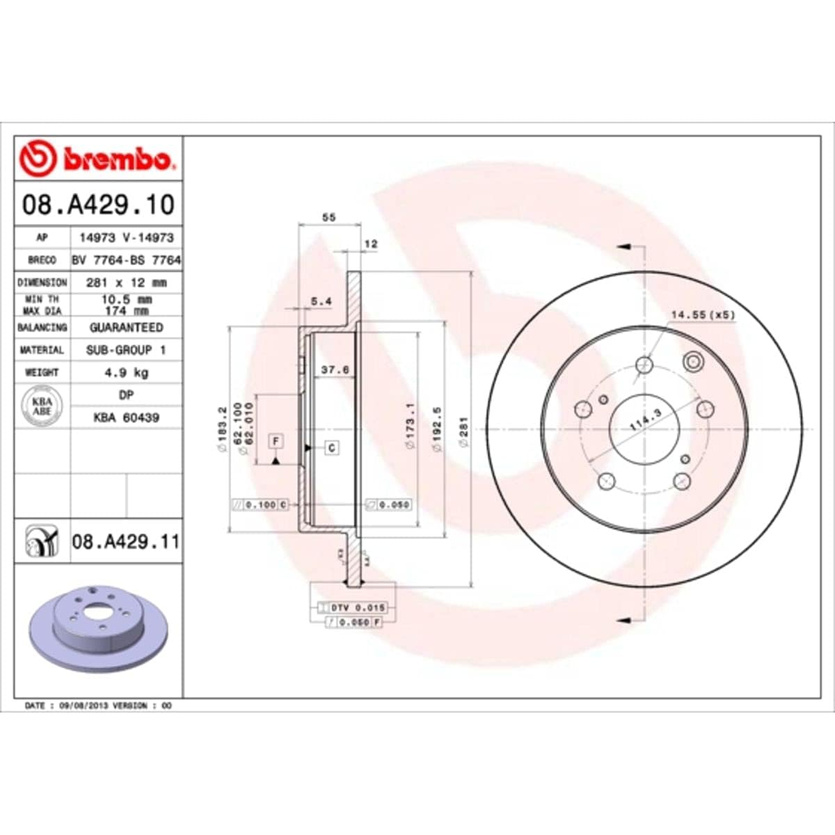 BREMBO 08A42911C02 Brembo 08.A429.11 UV Coated solid Rear Brake Rotor LEXUS/TOYOTA/TOYOTA (FAW) OE# 424310R010