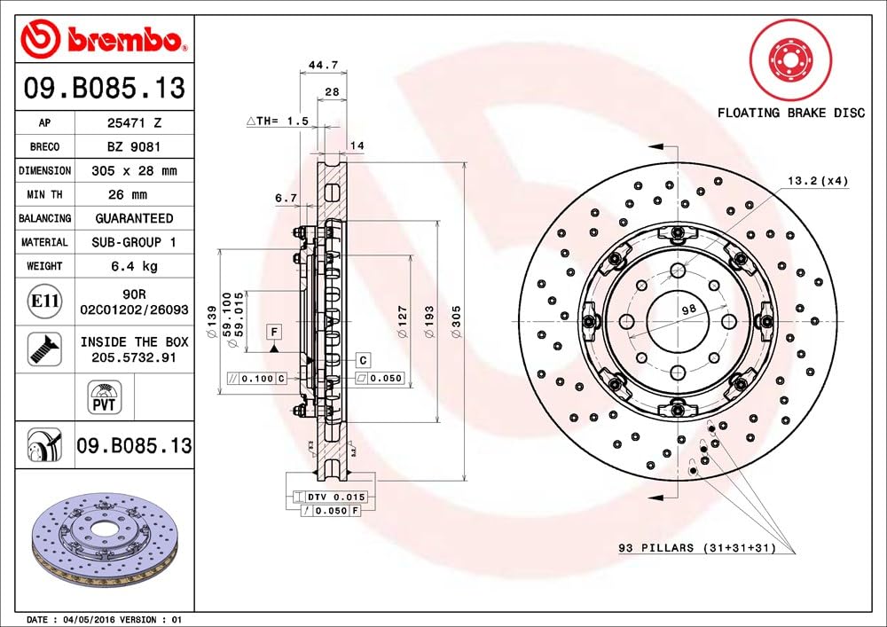 BREMBO 09B08513C02 Brembo 09.B085.13 Floating two piece UV Coated Pillar Vented drilled Brake Rotor ABARTH OE# 51885455