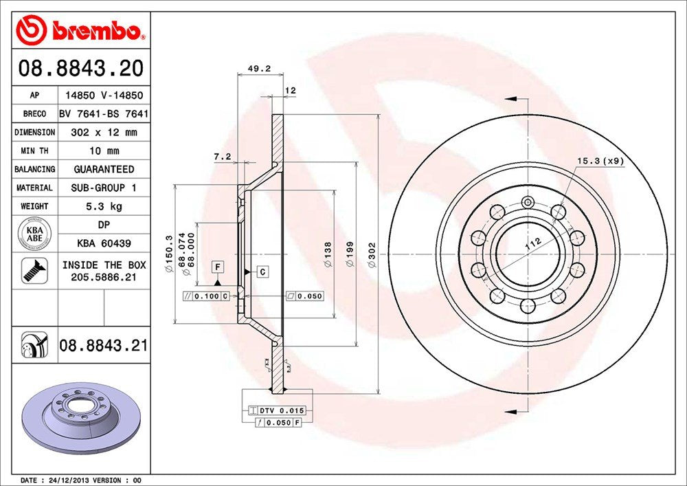 BREMBO 08884321C02 Brembo 08.8843.21 UV Coated solid Rear Brake Rotor AUDI/AUDI (FAW) OE# 4F0615601E