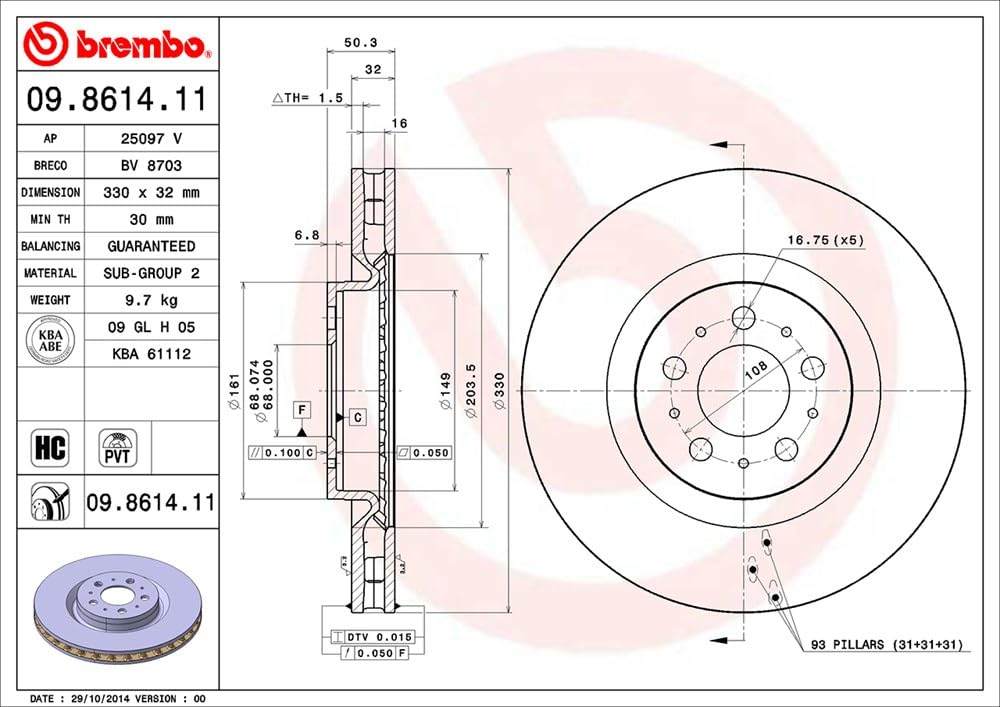 BREMBO 09861411C02 Brembo 09.8614.11 UV Coated Pillar Vented Front Brake Rotor VOLVO OE# 30645222
