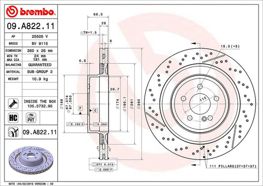 BREMBO 09A82211C02 Brembo 09.A822.11 UV Coated Pillar Vented drilled + Slotted Rear Brake Rotor MERCEDES-BENZ OE# A2124230412