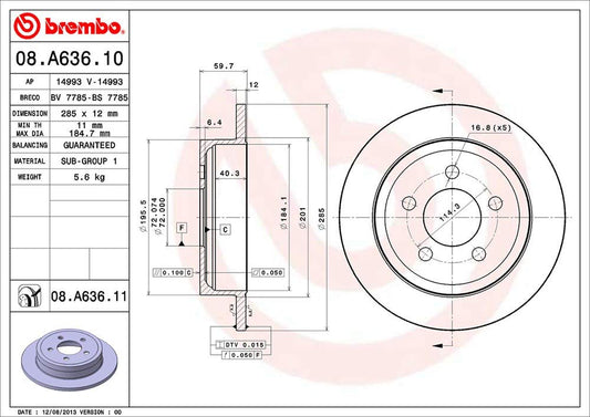 BREMBO 08A63611C02 Brembo 08.A636.11 UV Coated solid Rear Brake Rotor JEEP OE# 52128411AA