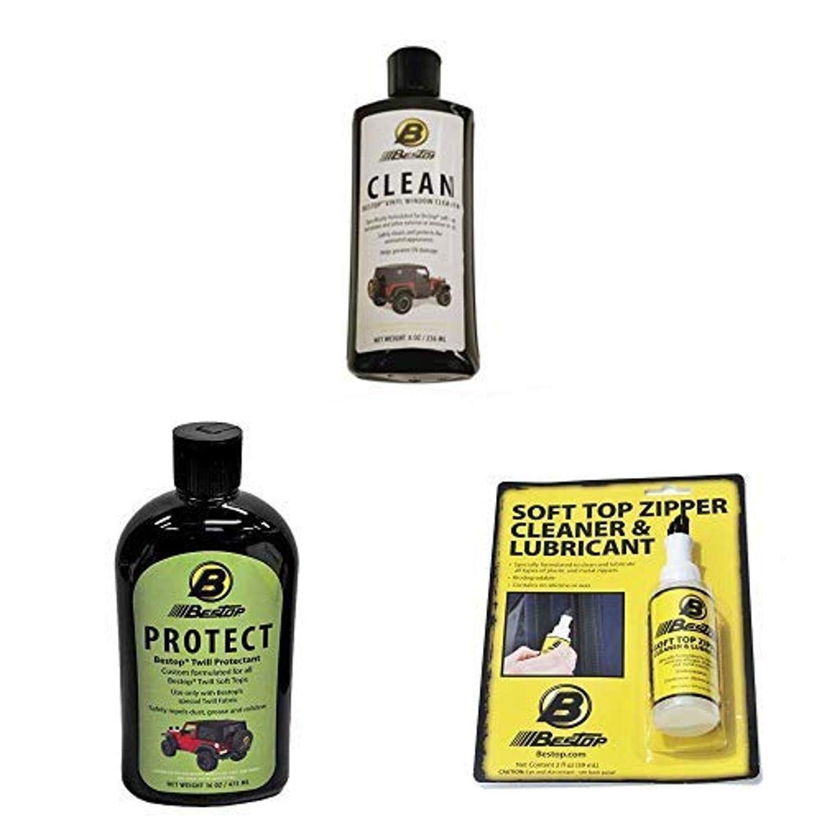 Bestop 11213-00 Vinyl Window Cleaner, 8 oz single bottle - boxed, Black Twill Fabric Cleaner with Zipper Cleaner and Lubricant, 2 oz single bottle - boxed