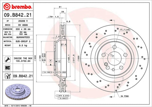BREMBO 09B84221C02 Brembo 09.B842.21 UV Coated vented drilled Rear Brake Rotor MERCEDES-BENZ OE# A2204230912