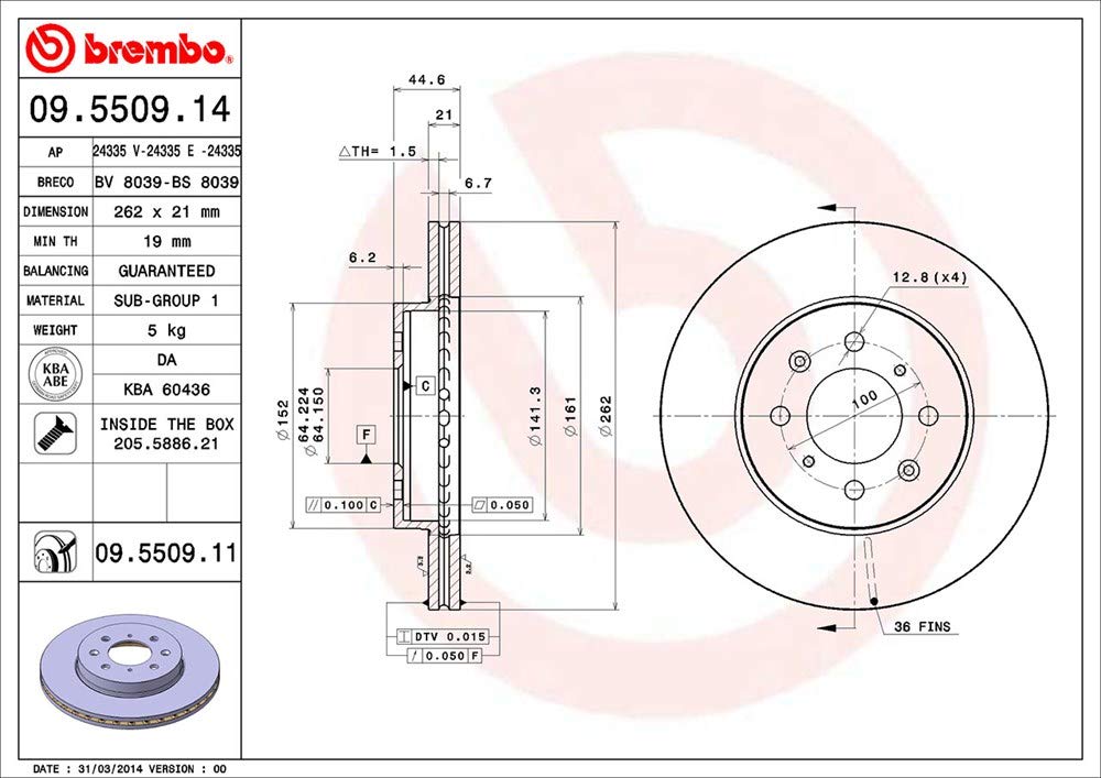 BREMBO 09550911C02 Brembo 09.5509.11 UV Coated vented Front Brake Rotor EUROPESTAR/HONDA/LOTUS/MG/ROVER OE# SDB100600