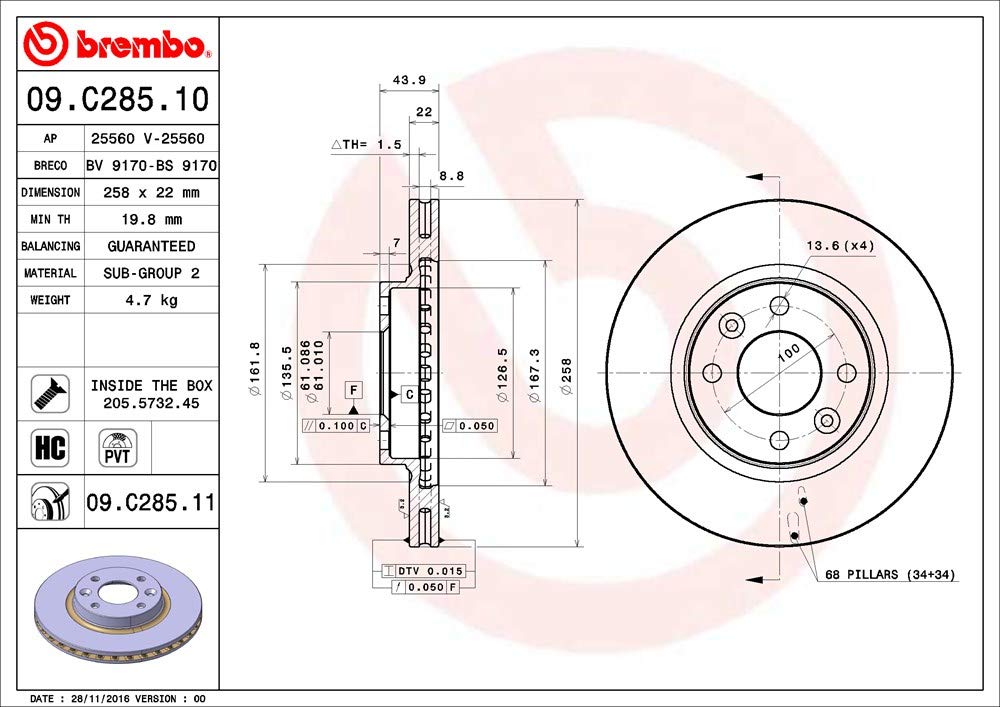 BREMBO 09C28511C02 Brembo 09.C285.11 UV Coated Pillar Vented Front Brake Rotor DACIA/RENAULT/SMART OE# 402063149R