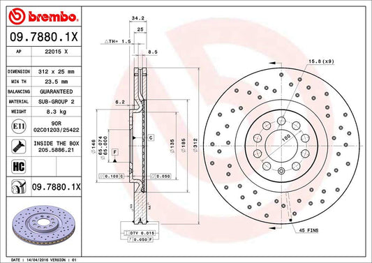 BREMBO 0978801XC02 Brembo 09.7880.1X Xtra UV Coated vented drilled Front Brake Rotor AUDI/SEAT/SKODA/VW/VW (FAW) OE# 8N0615301A