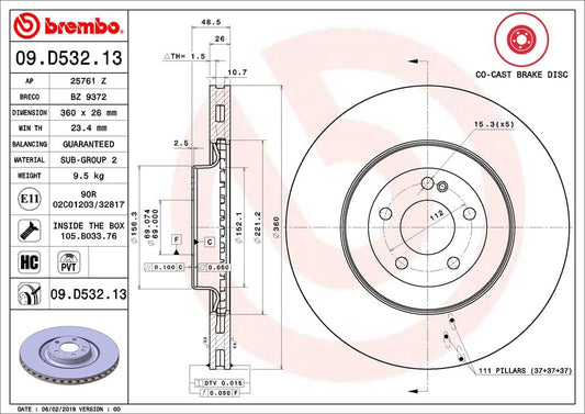 BREMBO 09D53213C02 Brembo 09.D532.13 Co-cast two piece UV Coated Pillar Vented Brake Rotor MERCEDES-BENZ/MERCEDES-BENZ (BBDC) OE# A0004231712